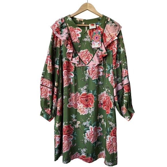 Farm Rio Long Sleeve Green Floral Dress 1X NWT Elinor Tunic Ruffle Short Flowy - Picture 2 of 15